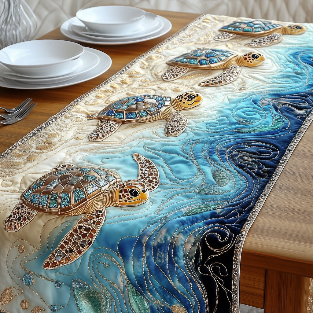 Sea Turtles on Blue Waves and Sand Table Runner