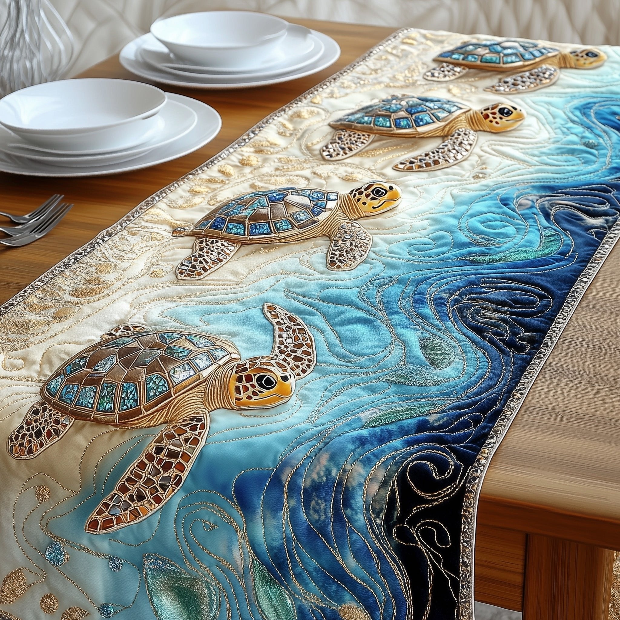 Sea Turtles on Blue Waves and Sand Table Runner