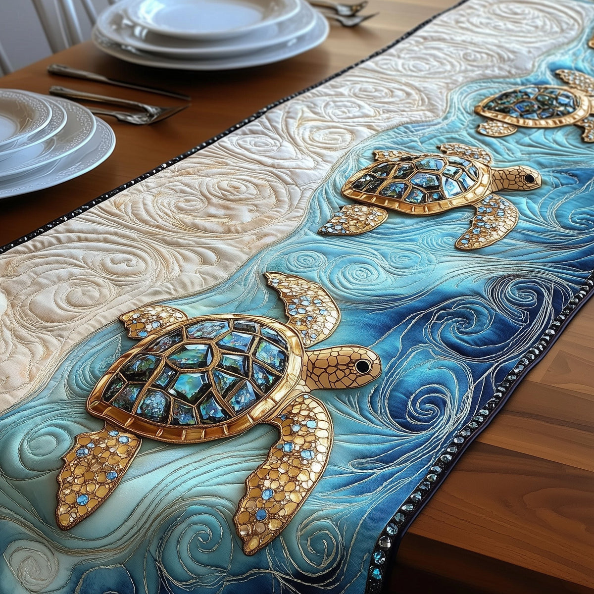 Mosaic Sea Turtles on Aqua Water Table Runner