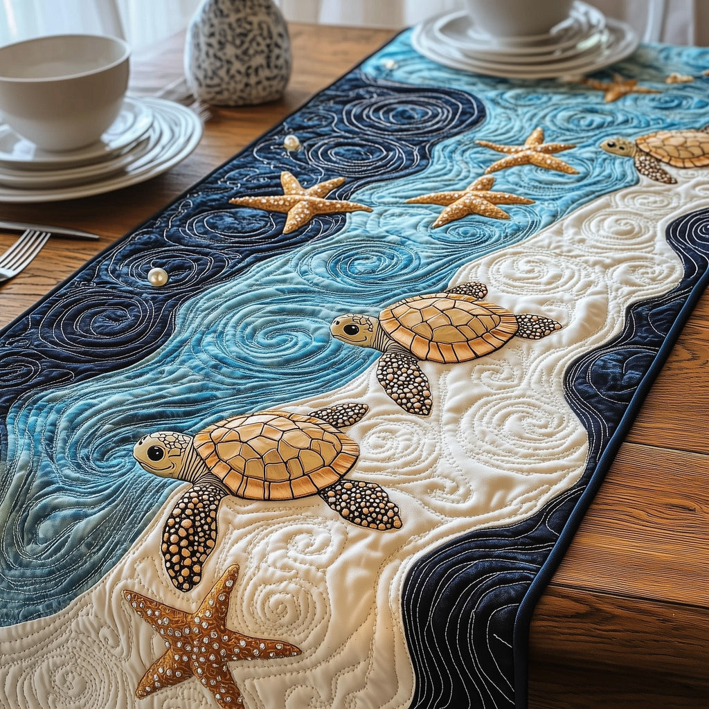 Turtles and Starfish on Swirling Blue Table Runner