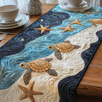 Turtles and Starfish on Swirling Blue Table Runner