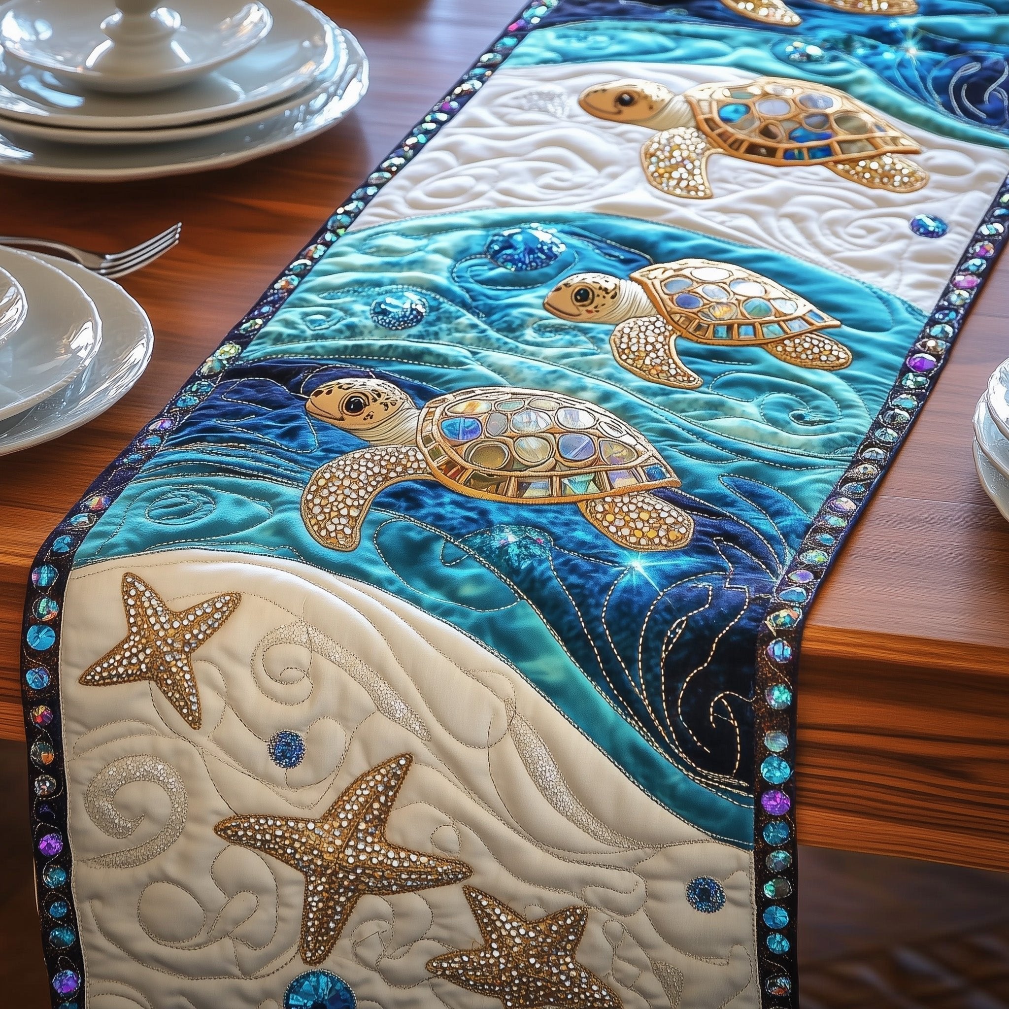 Starfish on Sand with Ocean Border Table Runner
