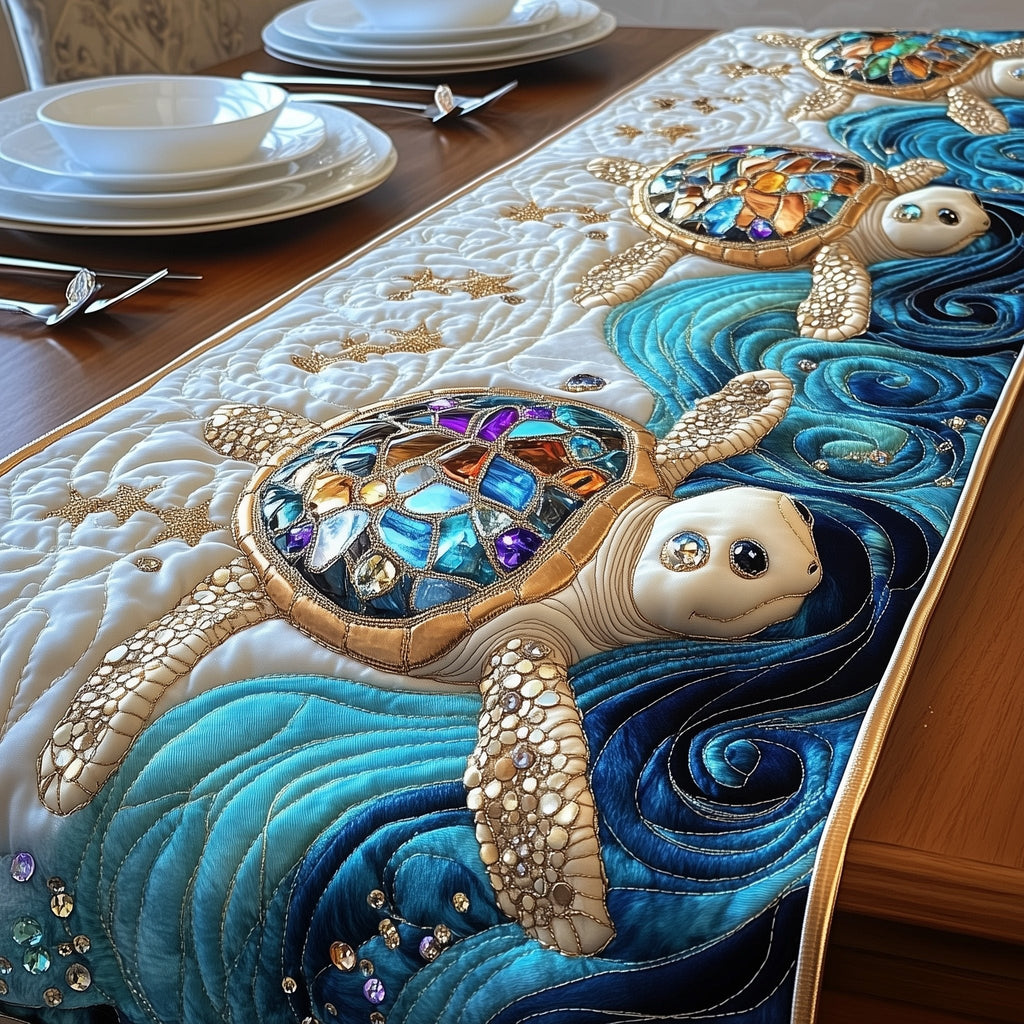 Jeweled Turtle on Turquoise Swirls Table Runner
