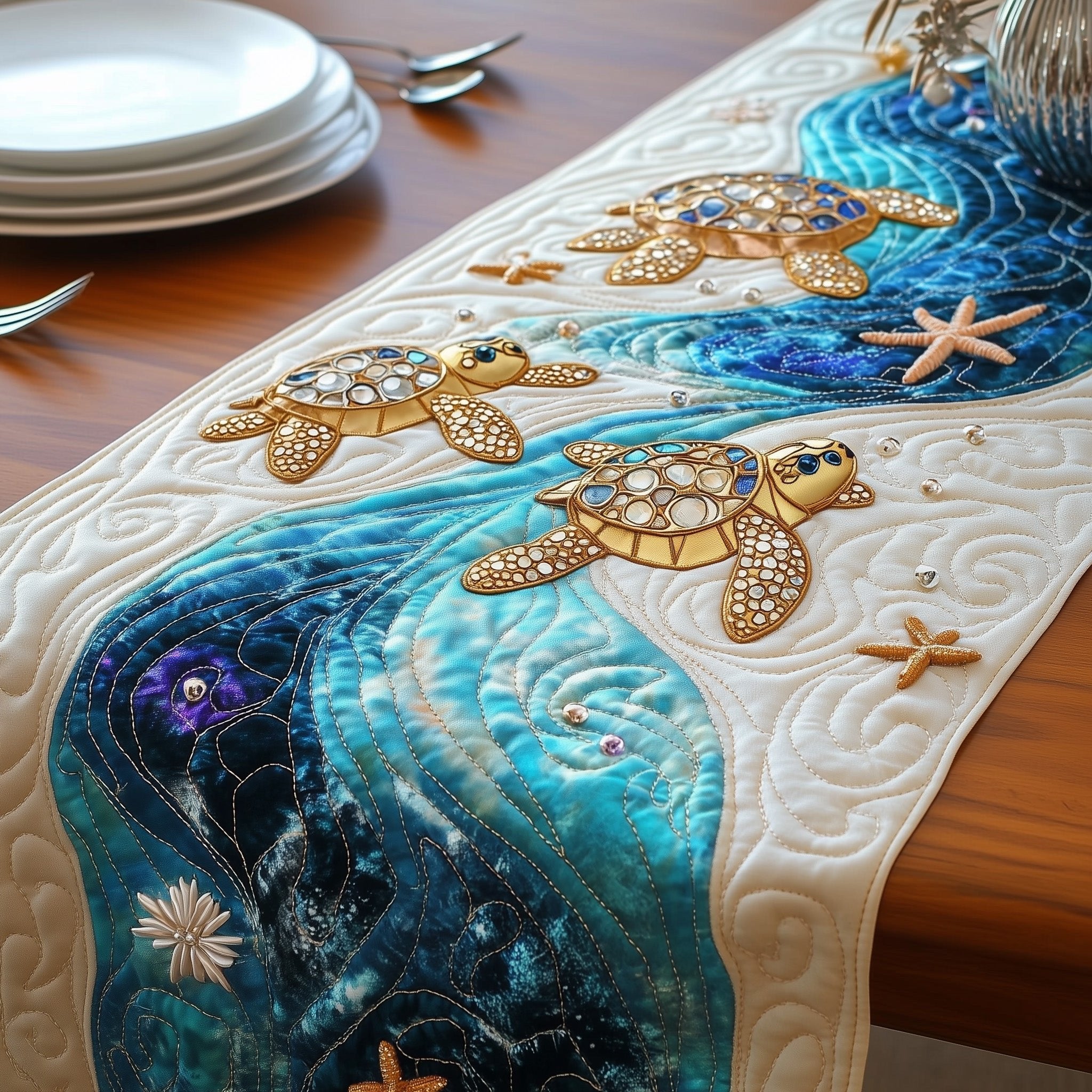 Turtle Family on Curving Shoreline Table Runner