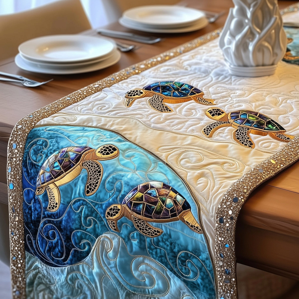 Golden Turtles Along the Blue Tide Table Runner