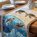 Golden Turtles Along the Blue Tide Table Runner