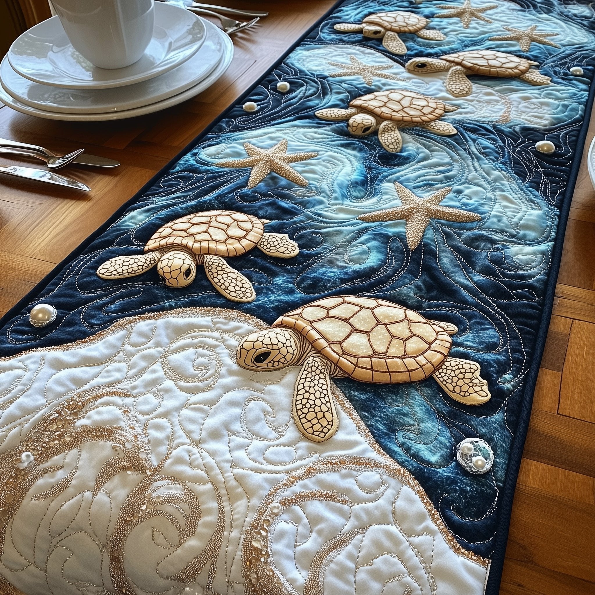 Sea Turtles on Midnight Currents Table Runner