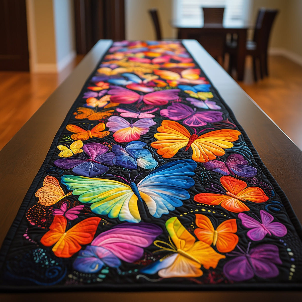 Rainbow Butterfly Swarm on Black Table Runner
