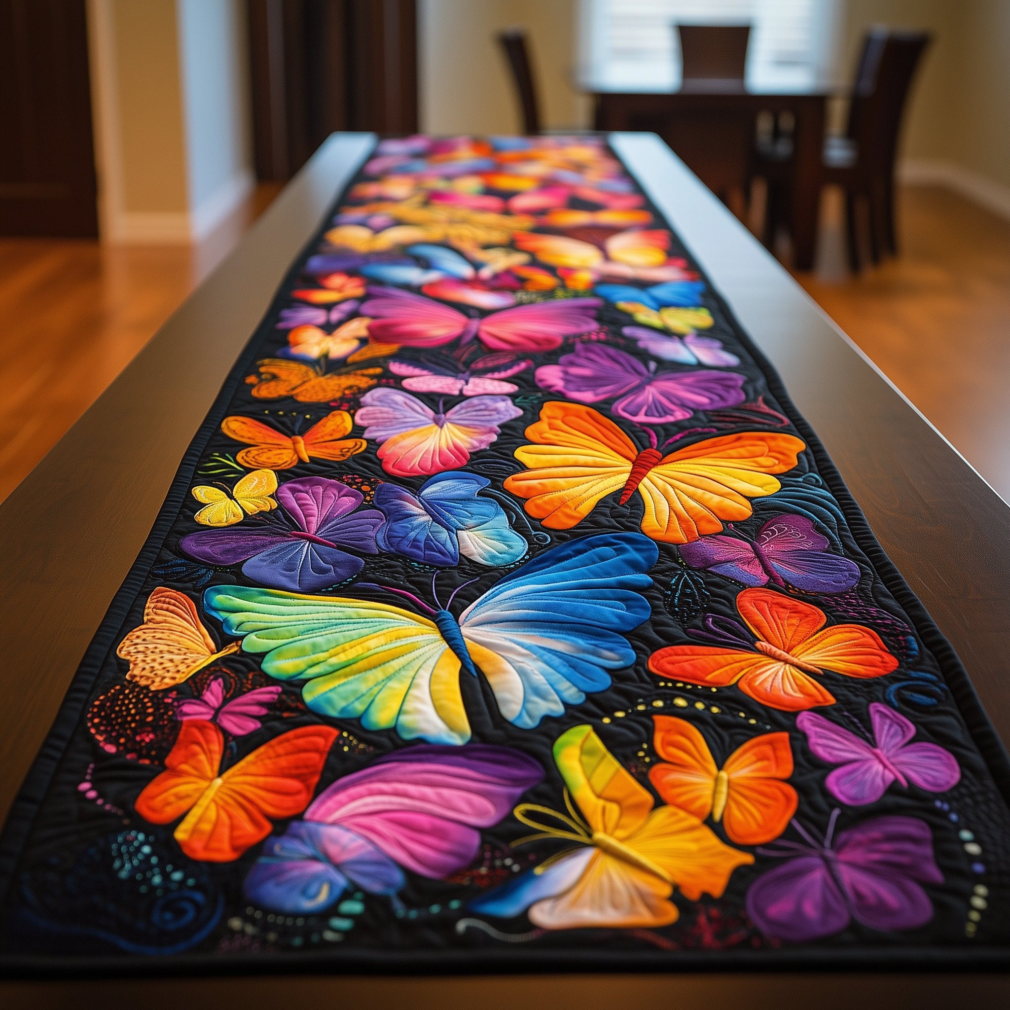 Rainbow Butterfly Swarm on Black Table Runner