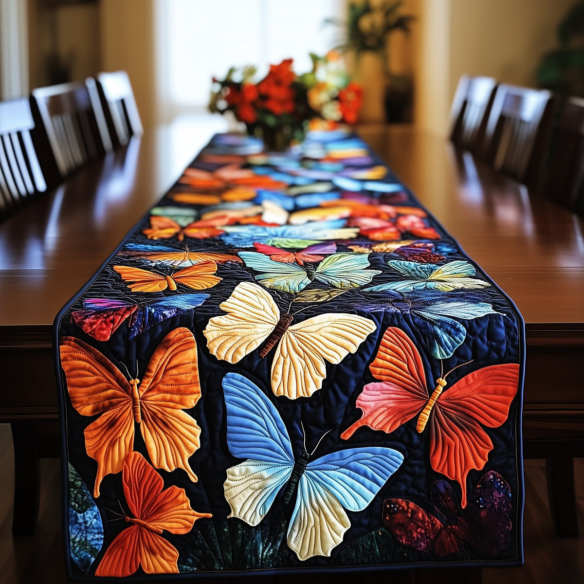 Orange and Blue Butterflies on Black Table Runner
