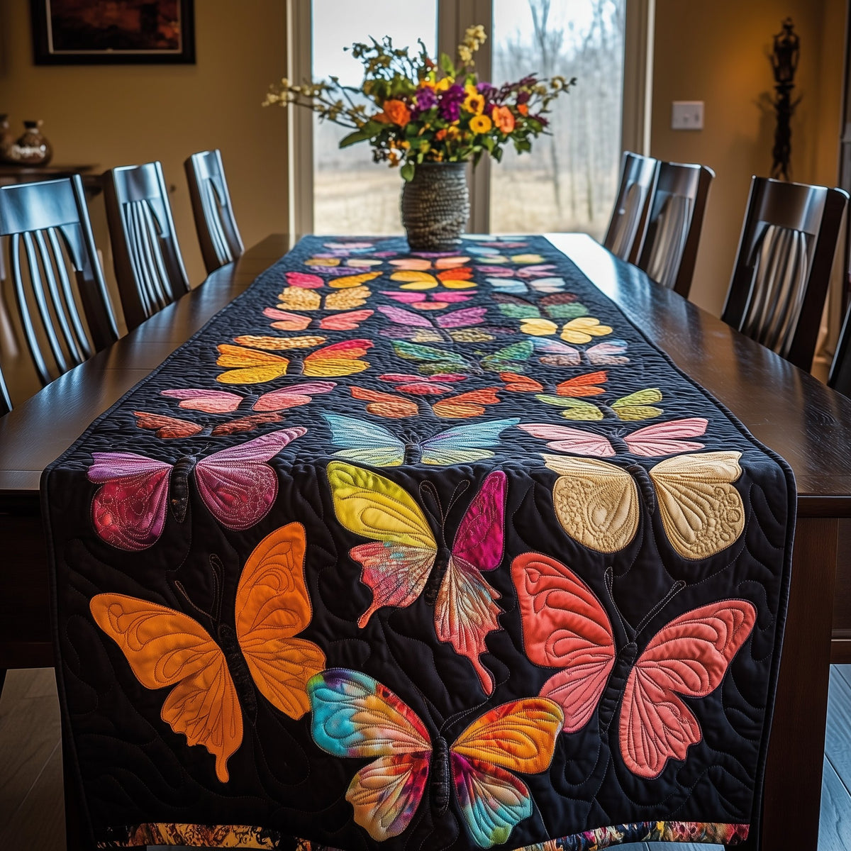 Pink and Coral Butterflies on Black Table Runner
