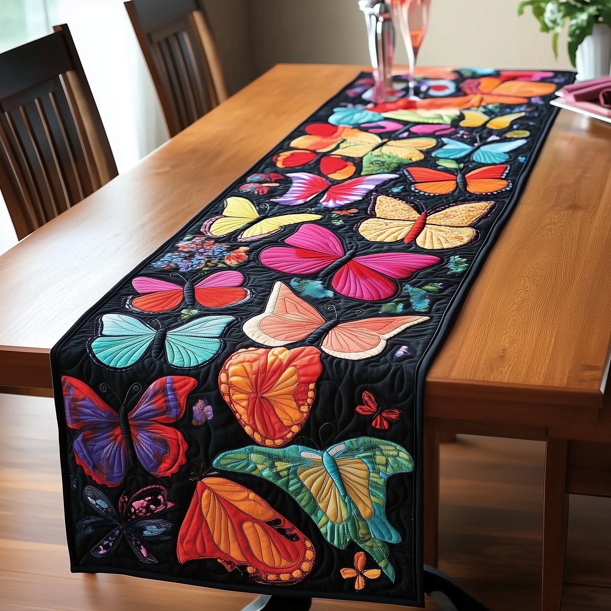 Vivid Butterflies with Black Border Table Runner