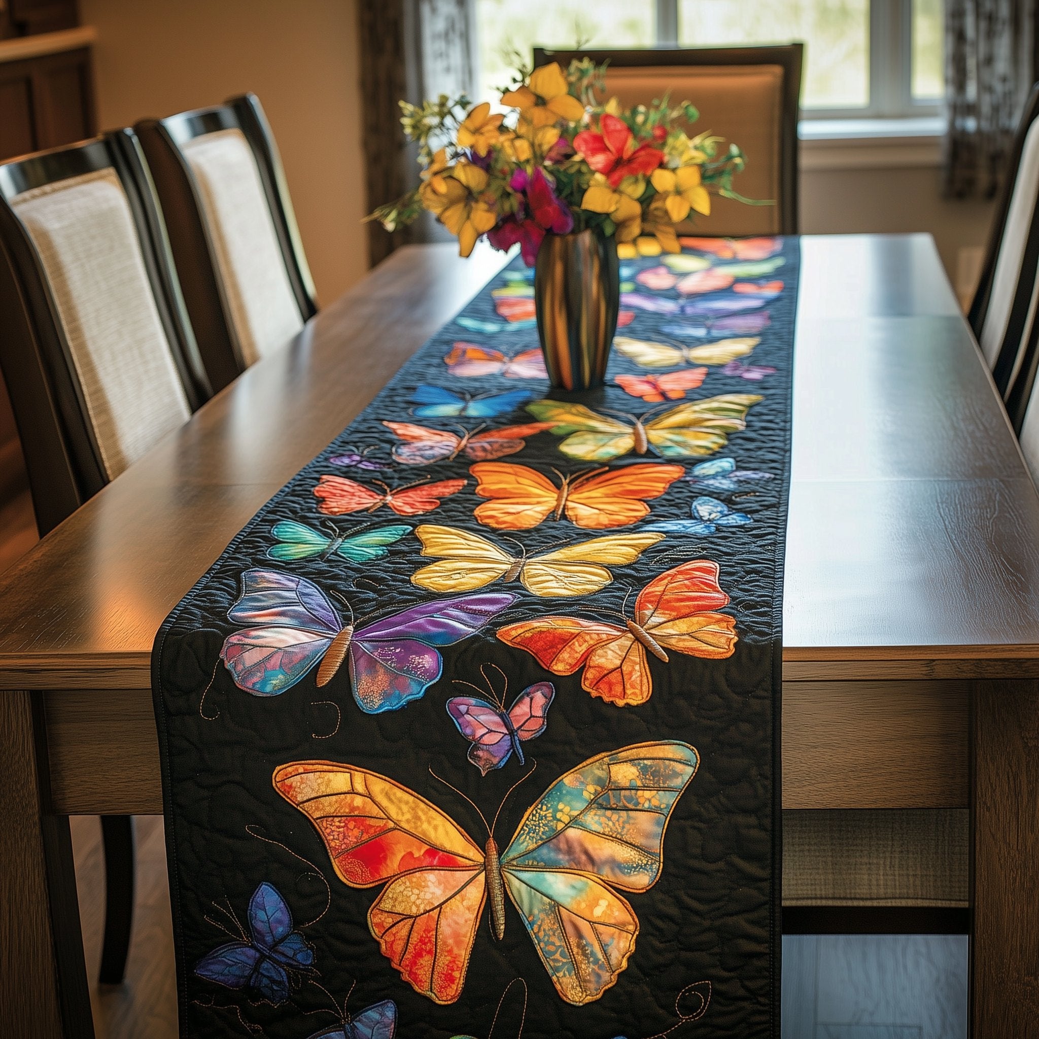 Amber and Teal Butterflies on Black Table Runner