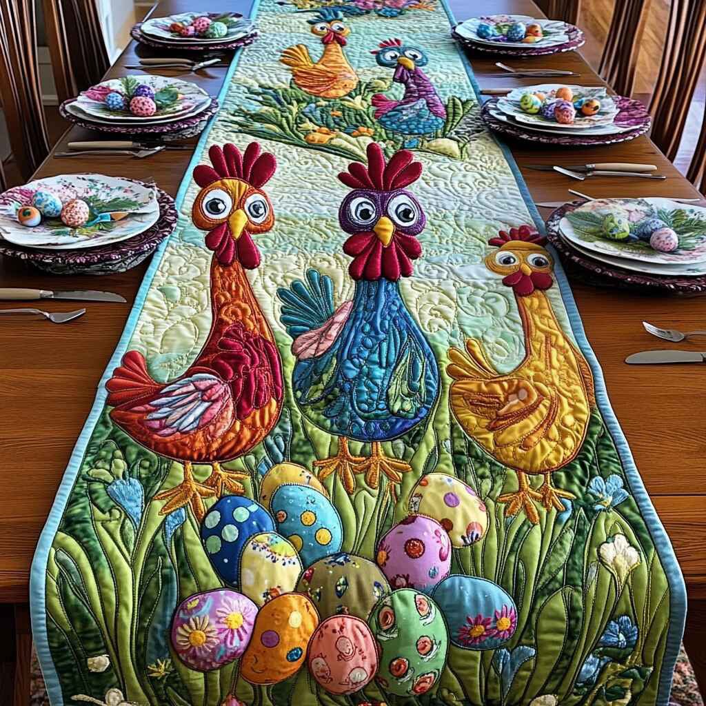 Three Hens Among Easter Eggs Table Runner