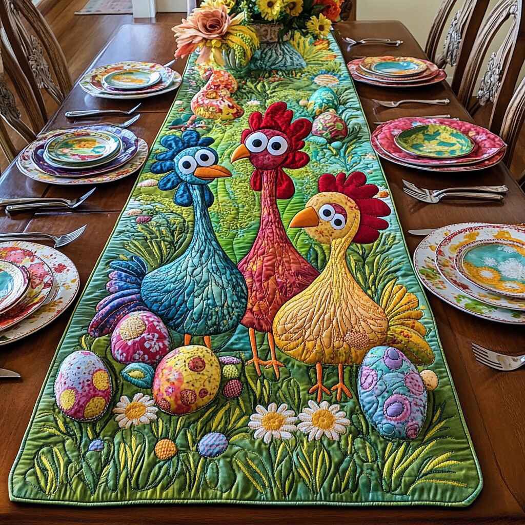 Colorful Roosters in the Egg Garden Table Runner