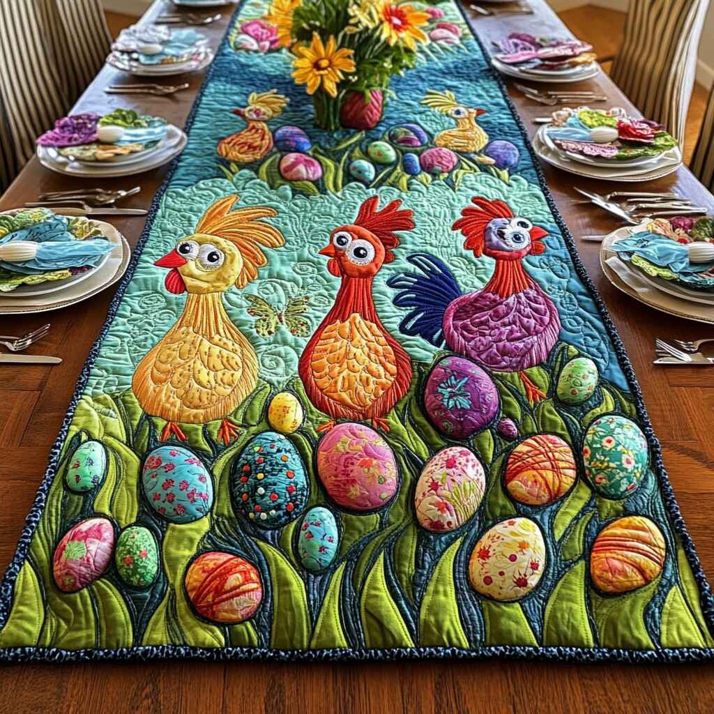 Chicken Family with Painted Eggs Table Runner