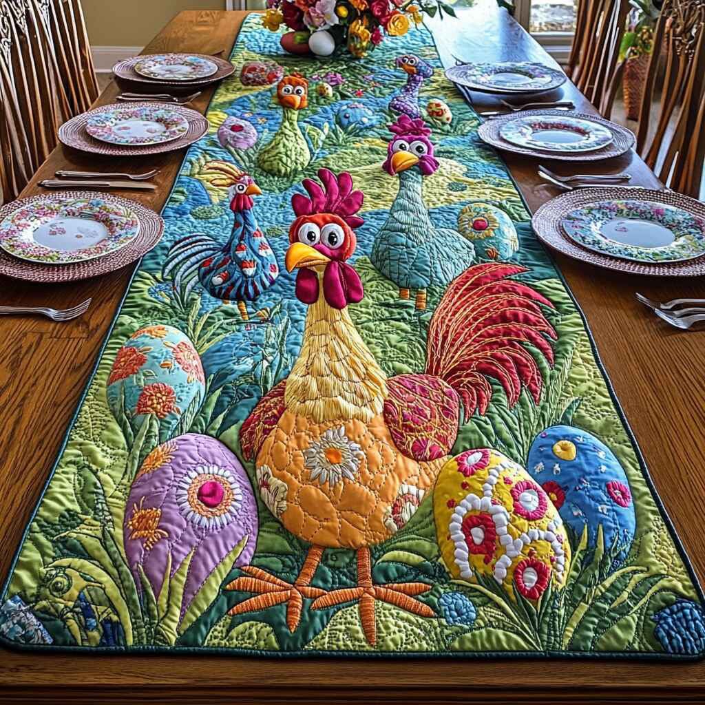 Yellow Hen and Rooster with Eggs Table Runner