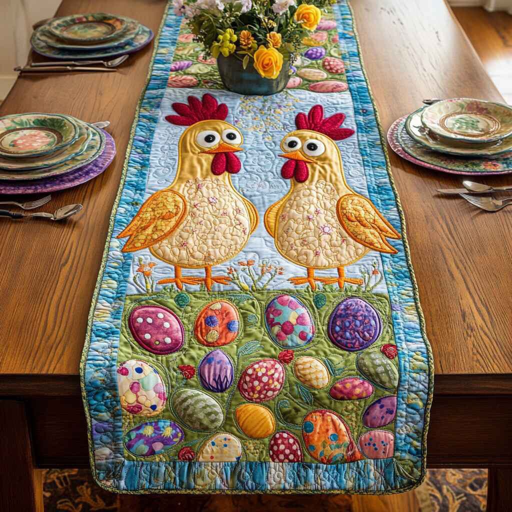 Two Yellow Chickens by the Fence Table Runner