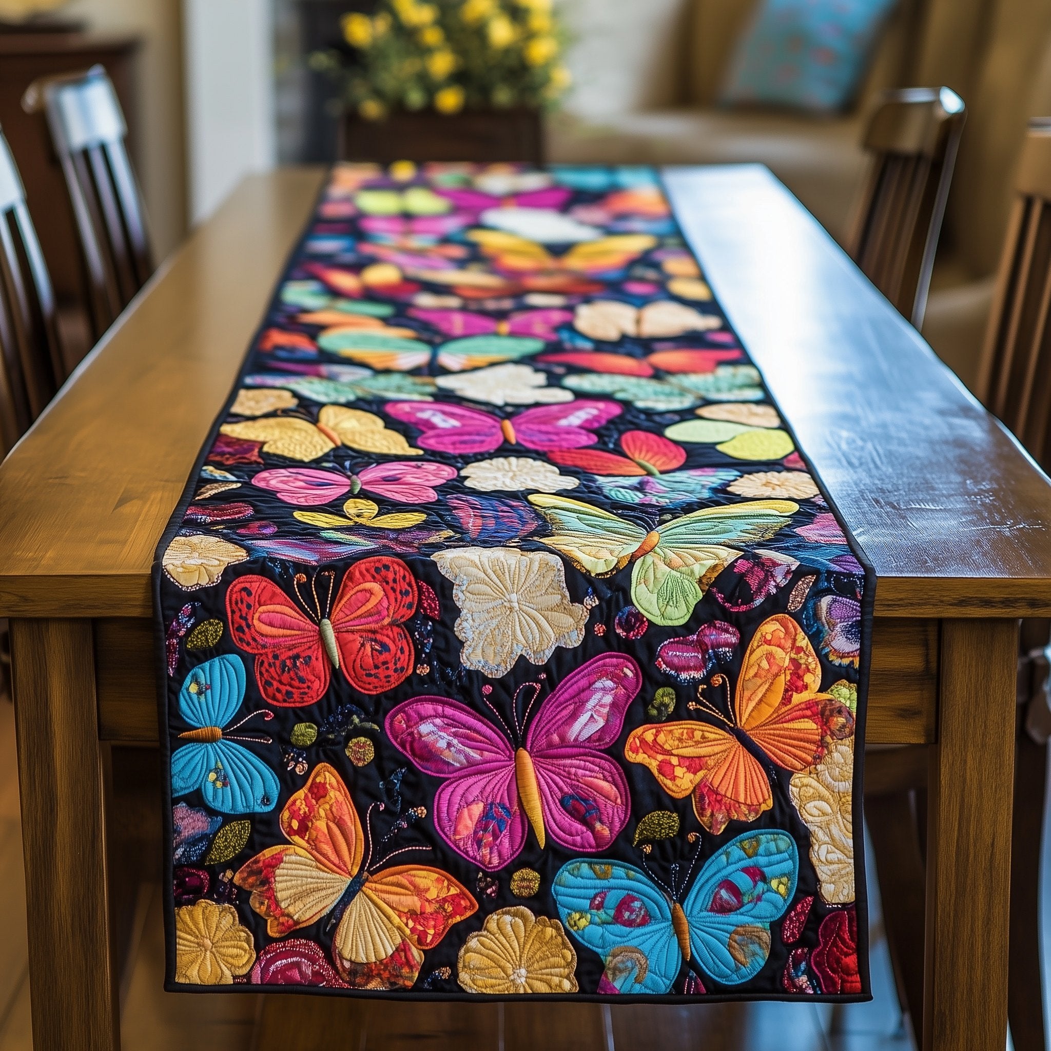 Jewel Tone Butterflies on Black Table Runner