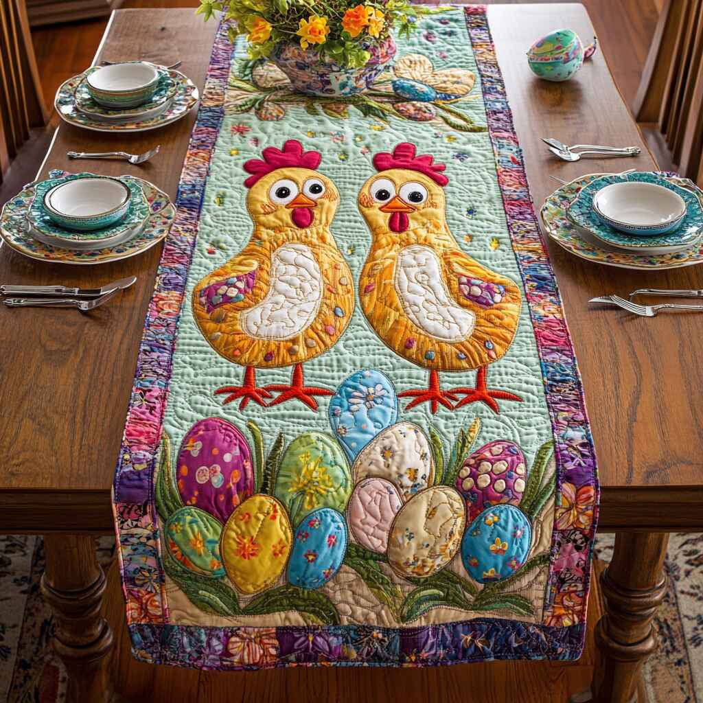Chick Pair with Easter Eggs Table Runner