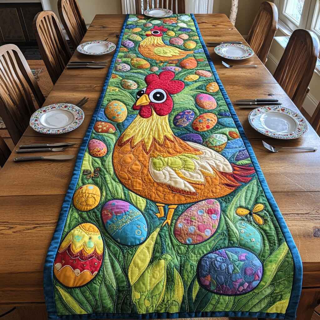 Orange Rooster Among Easter Eggs Table Runner