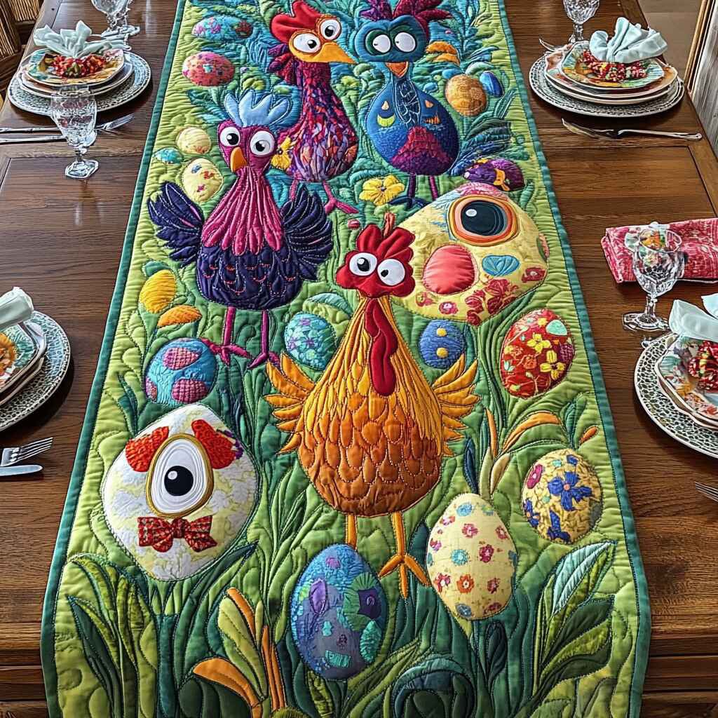 Purple and Orange Roosters with Eggs Table Runner