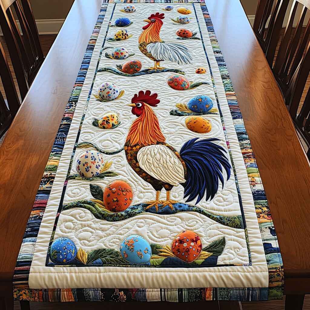 White Rooster with Speckled Eggs Table Runner