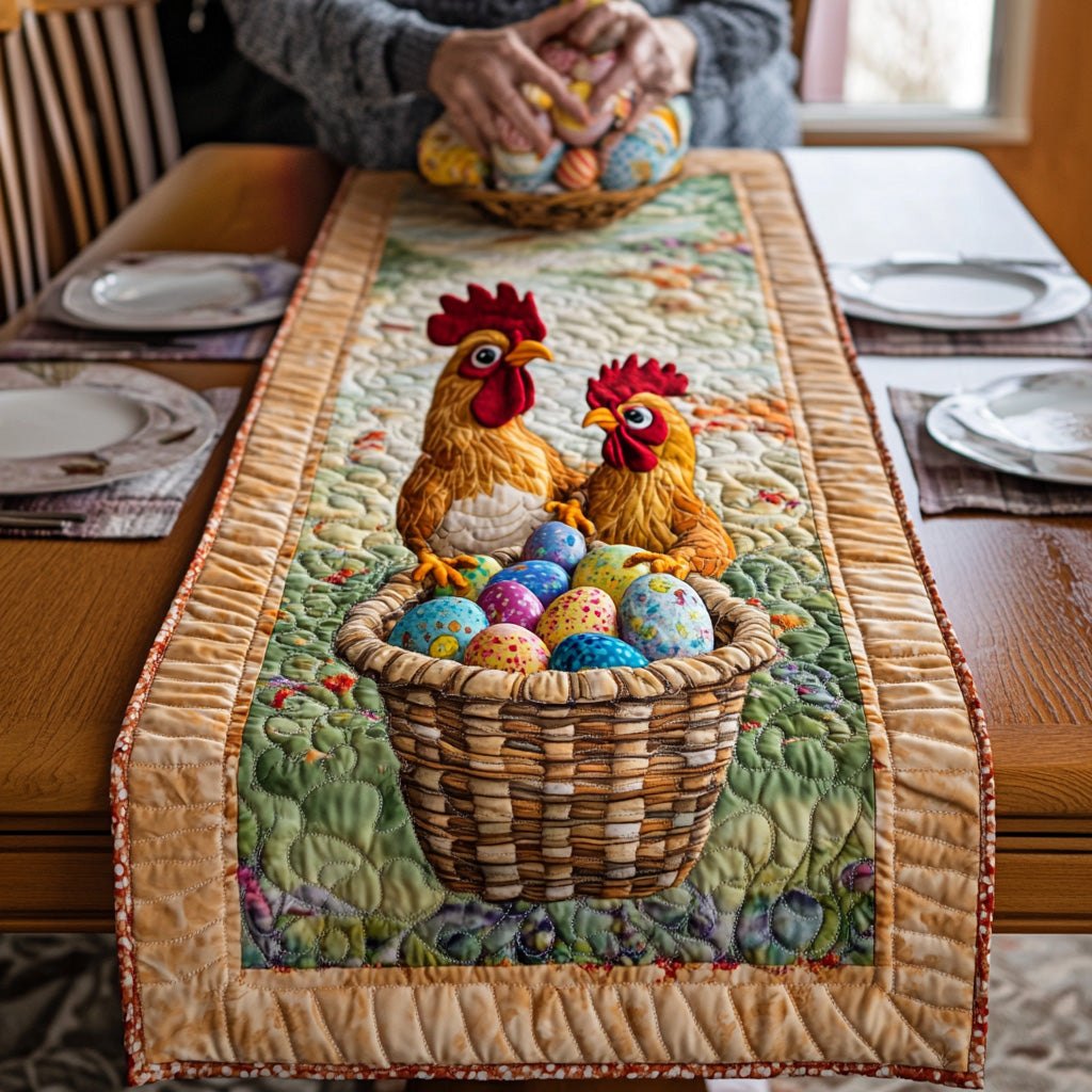 Two Yellow Hens with Wicker Basket Table Runner