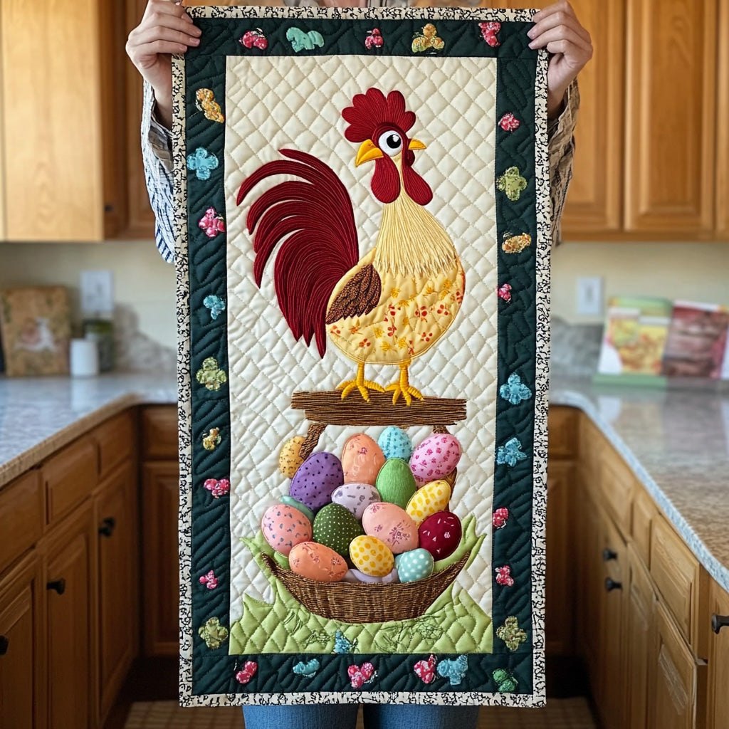 Rooster and Hen Over Pastel Eggs Table Runner