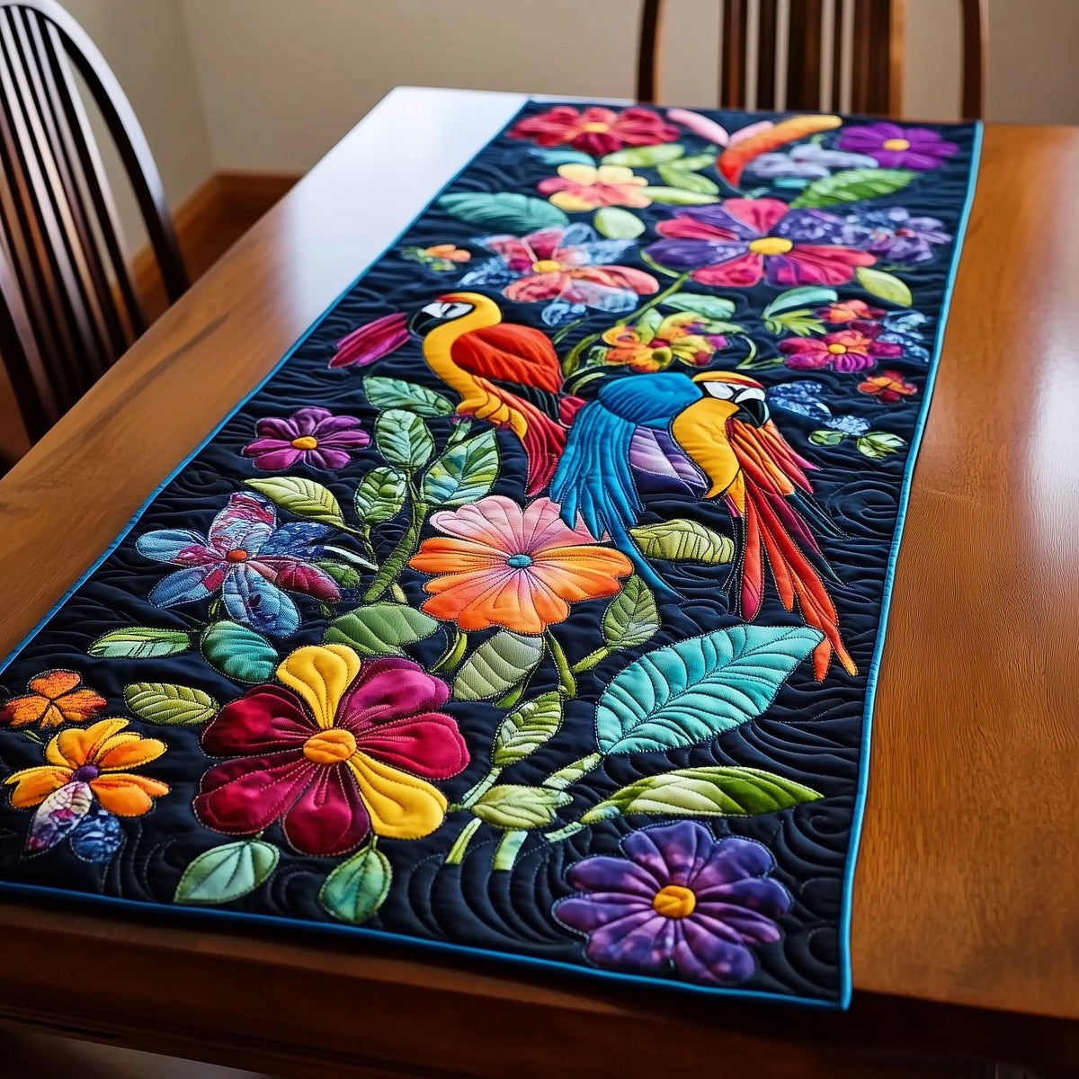 Tropical Birds and Blooms on Black Table Runner