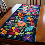Tropical Birds and Blooms on Black Table Runner