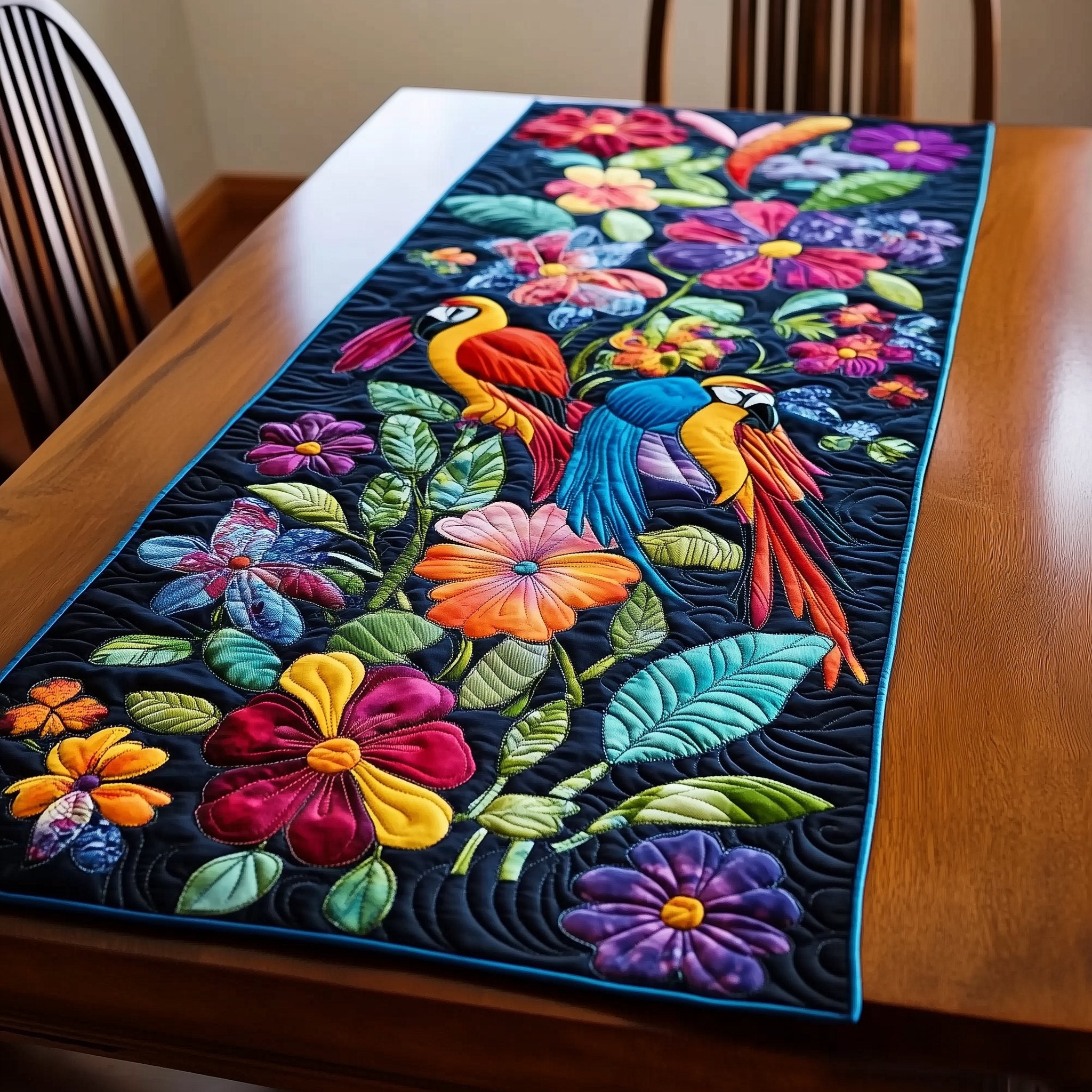 Tropical Birds and Blooms on Black Table Runner