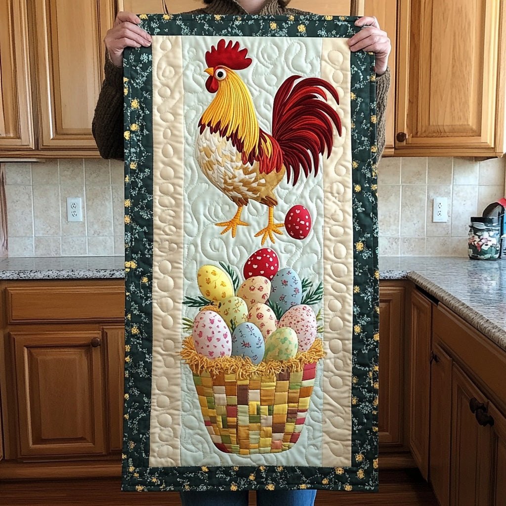 Rooster Above Checkered Egg Basket Table Runner