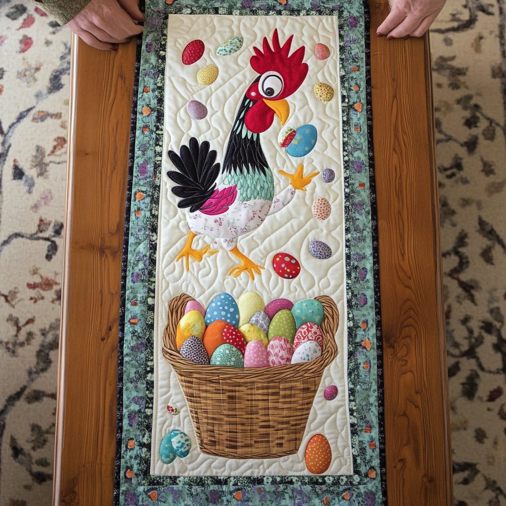Black Rooster with Basket of Eggs Table Runner