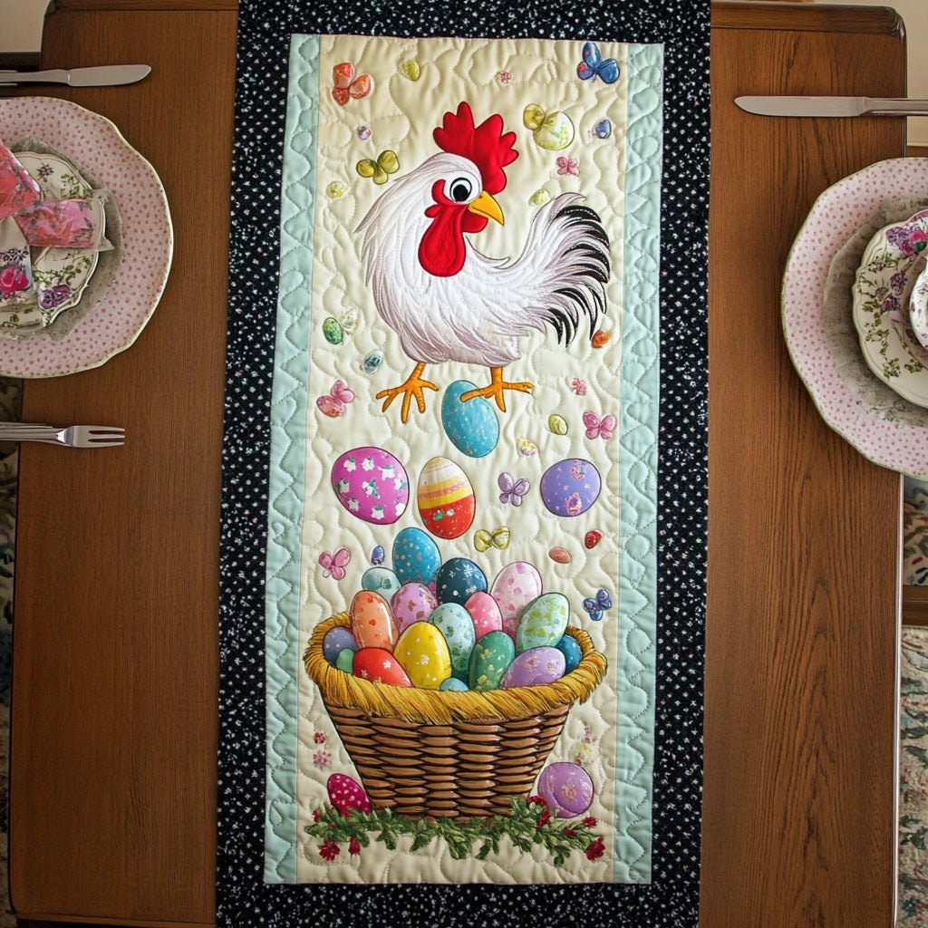 White Rooster with Blue Egg Basket Table Runner