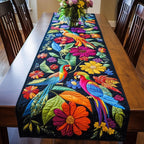 Parrots Among Bright Flowers on Black Table Runner