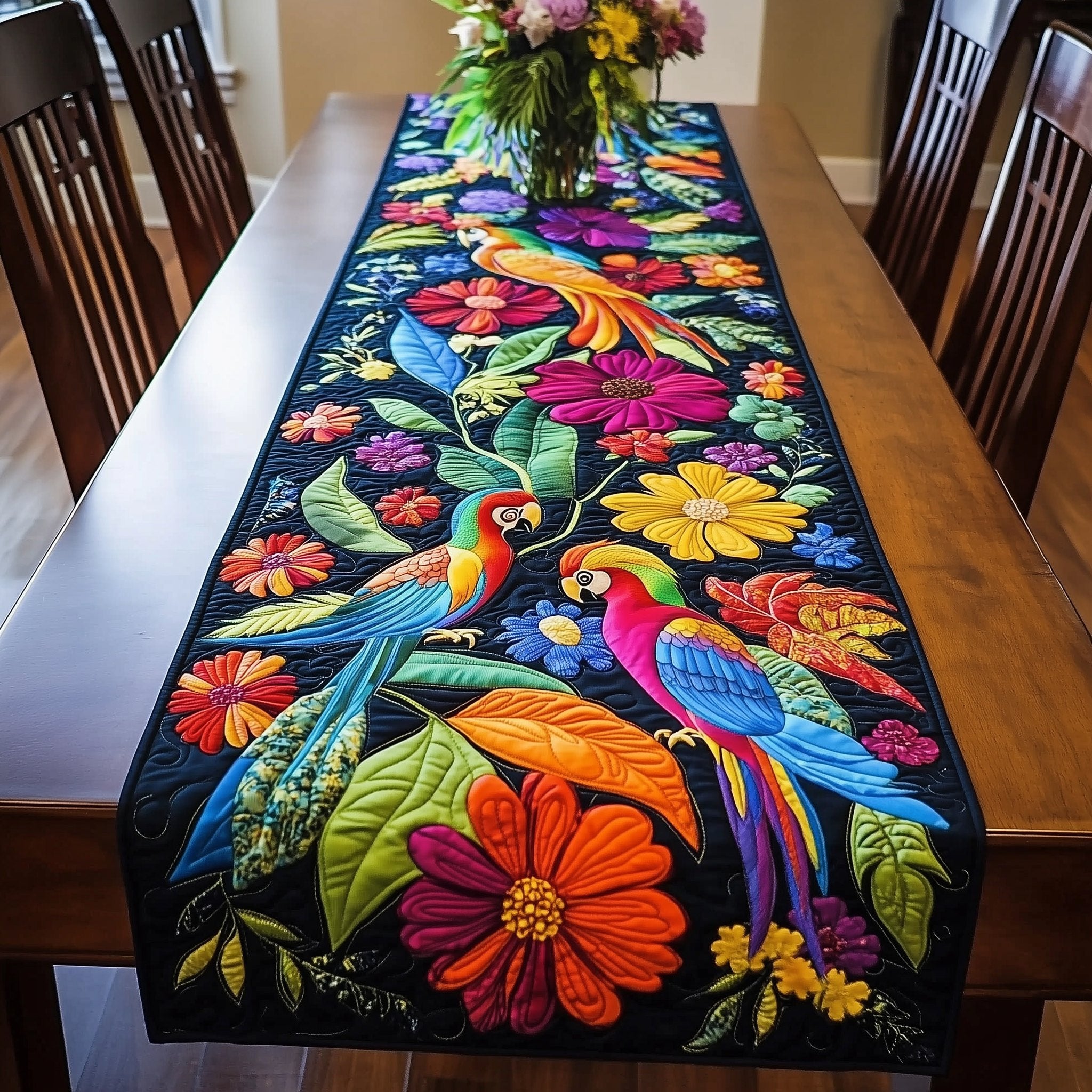 Parrots Among Bright Flowers on Black Table Runner