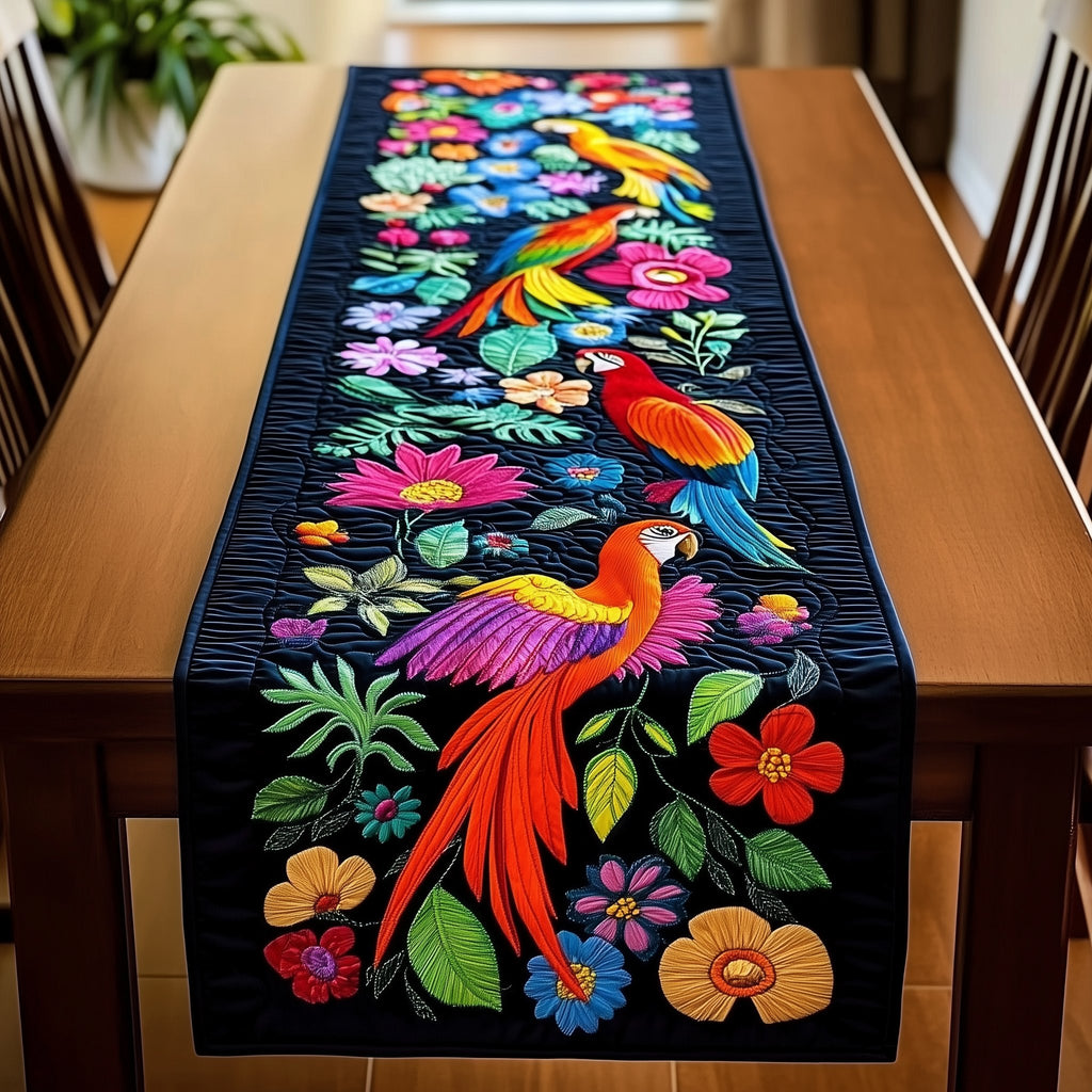 Exotic Birds in a Black Flower Garden Table Runner