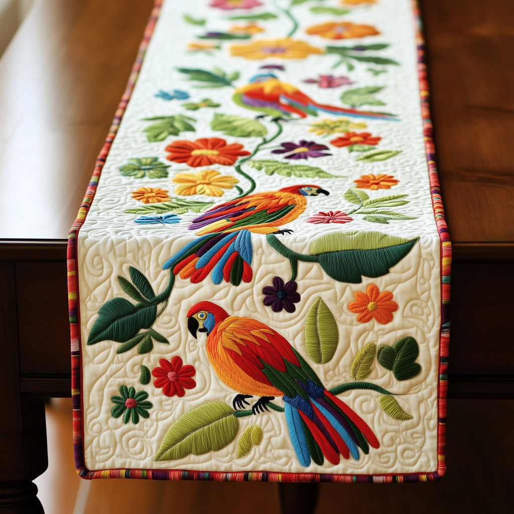 Parrots and Flowers on Cream Table Runner