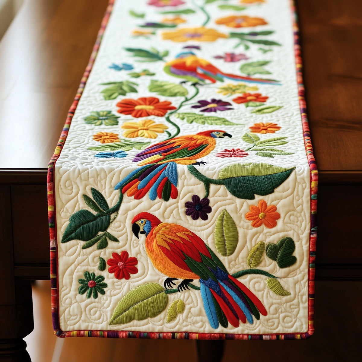 Parrots and Flowers on Cream Table Runner