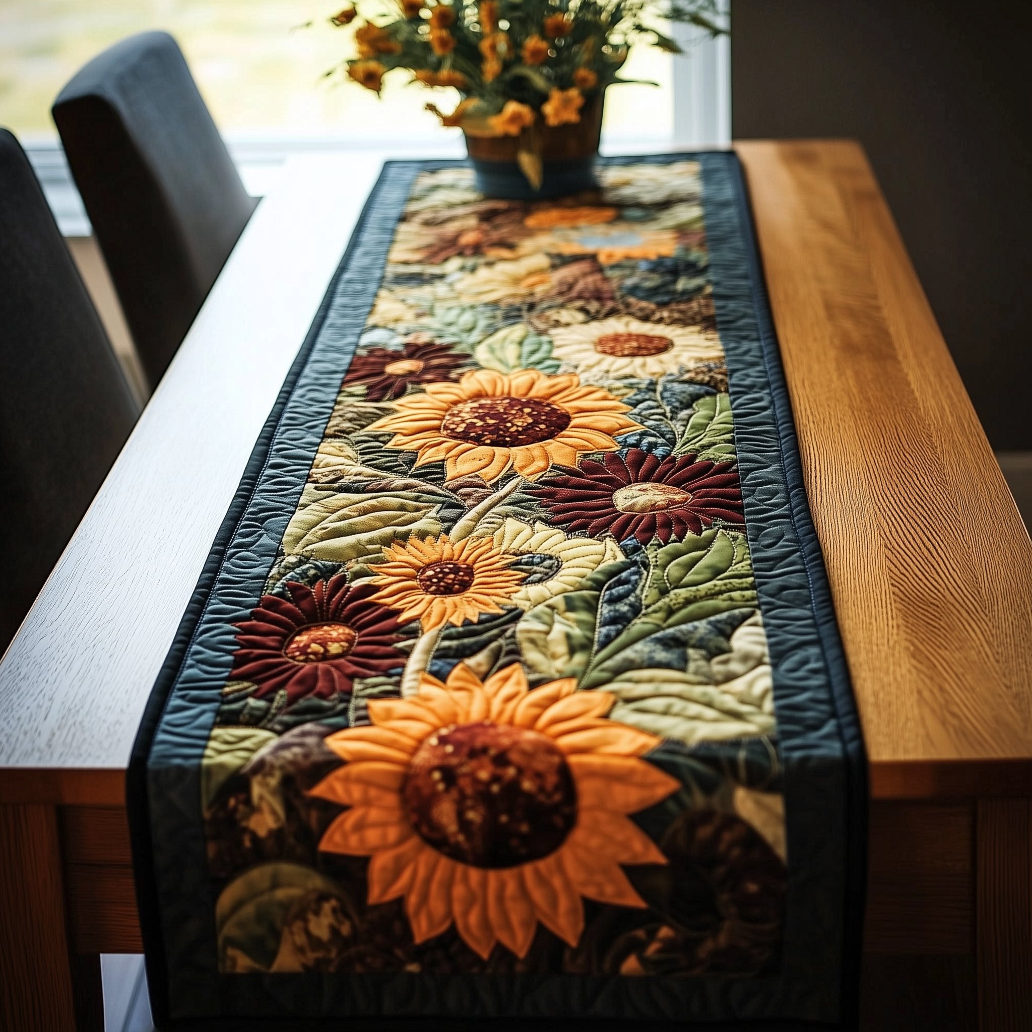 Autumn Sunflowers on Dark Ground Table Runner