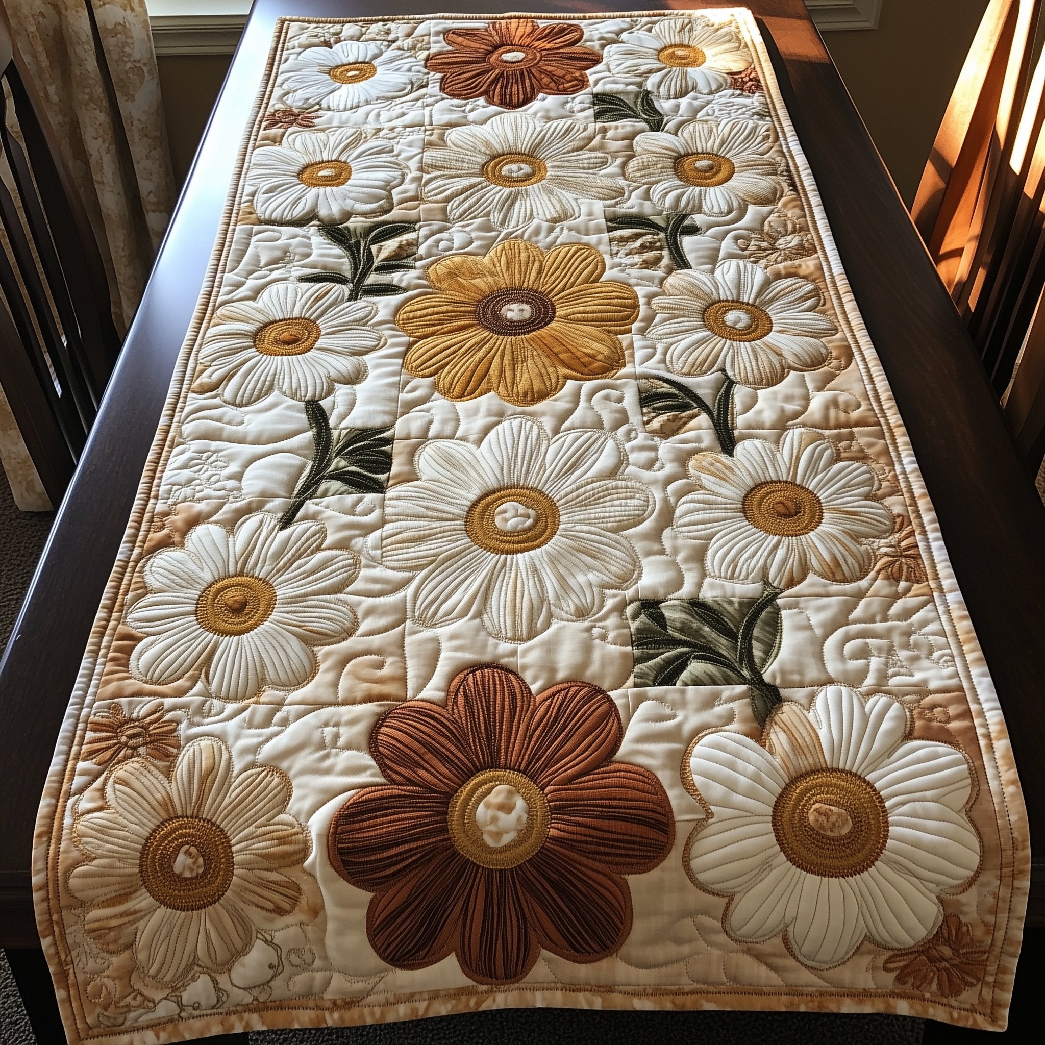 Brown and Cream Flowers on Ivory Table Runner