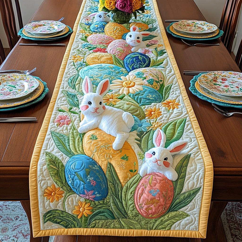 Bunny with Pink Egg and Leaves Table Runner
