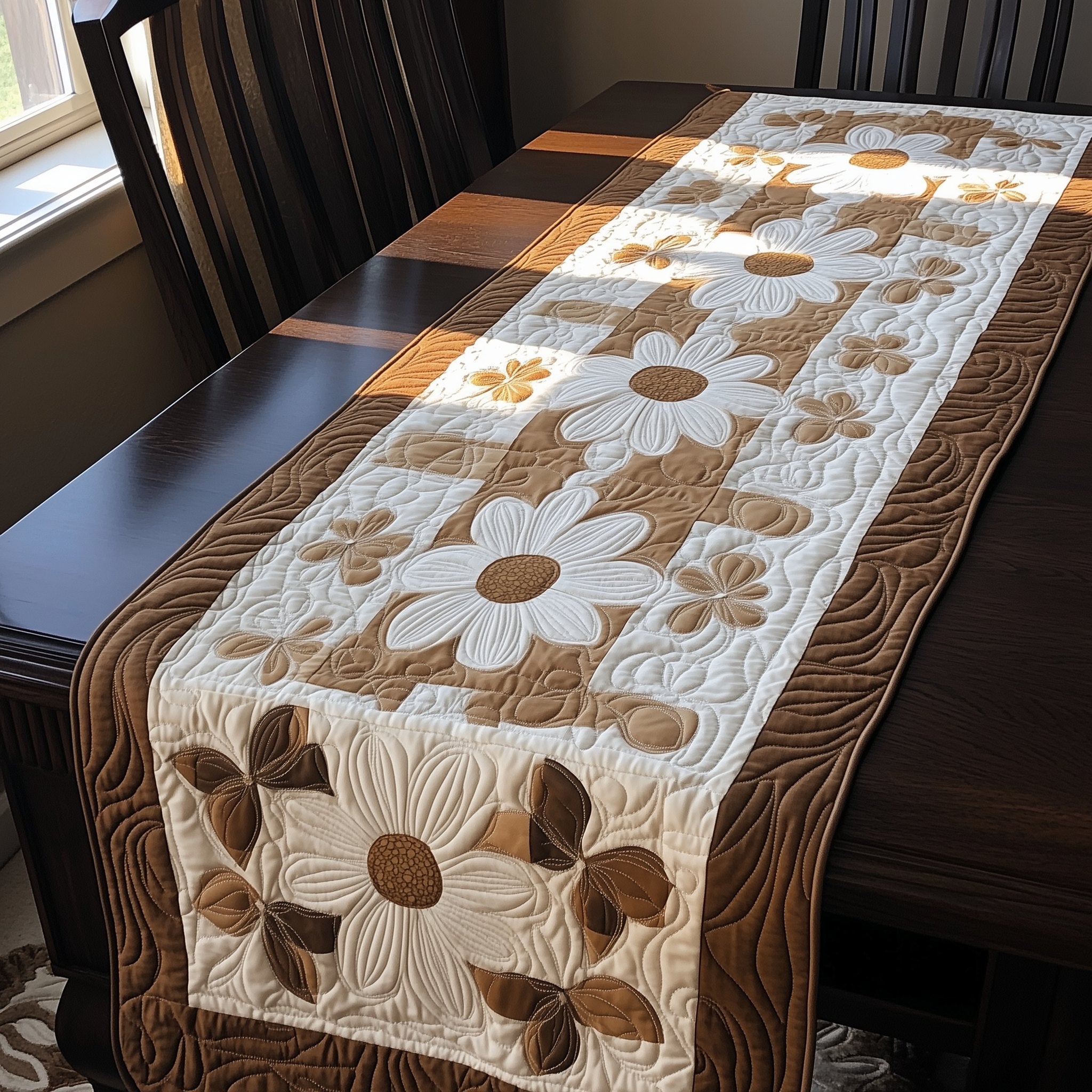 Taupe Blossoms on Ivory Table Runner