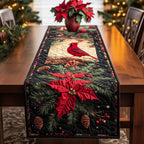 Cardinal with Poinsettias on Black Table Runner