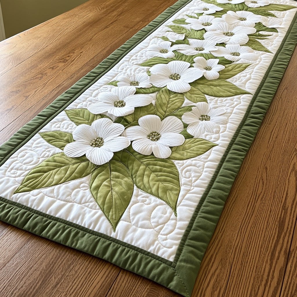 White Dogwood Blooms with Green Border Table Runner