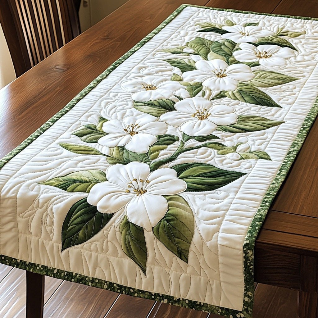 White Magnolia on Ivory Quilting Table Runner