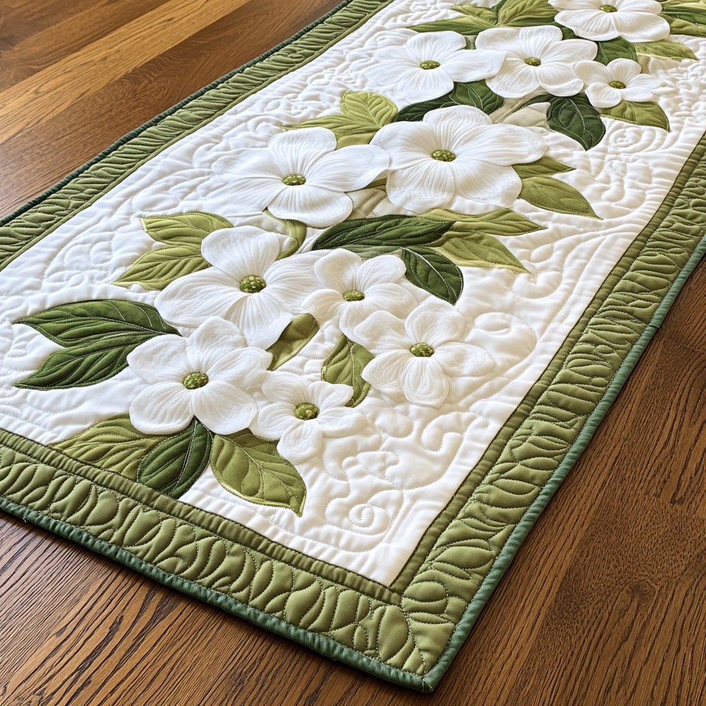 White Blossoms on Sage Border Table Runner