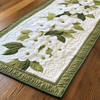 White Blossoms on Sage Border Table Runner