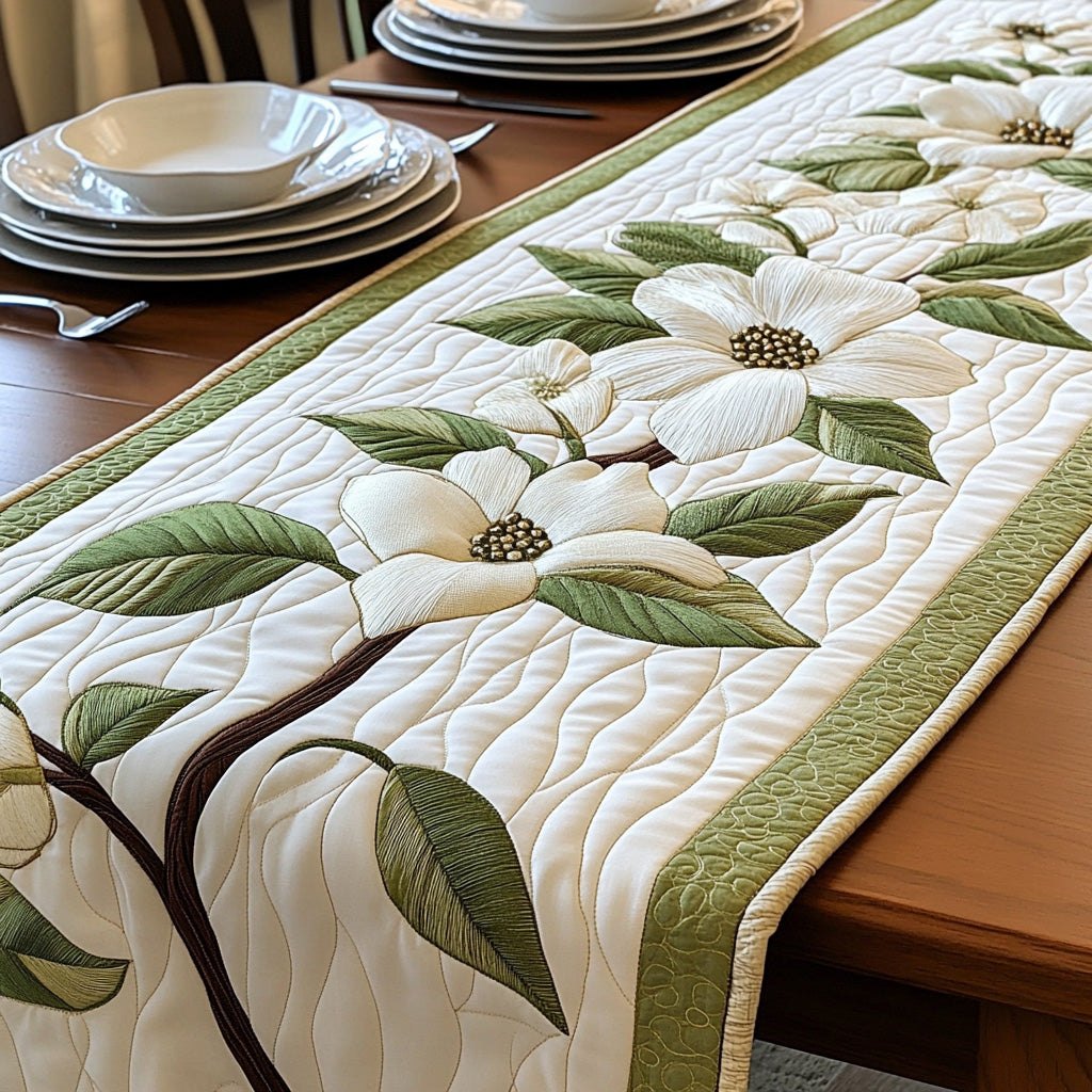 Creamy Magnolia Blossoms with Leaves Table Runner